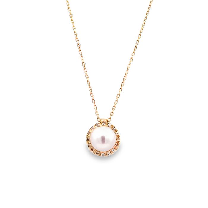 Mountz Collection White Cultured Pearl Pendant with Pavé Diamond Halo in 14K Yellow Gold