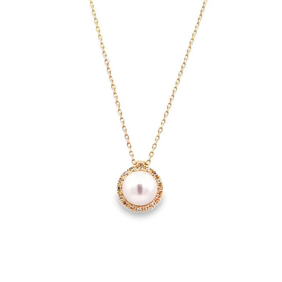 Mountz Collection White Cultured Pearl Pendant with Pavé Diamond Halo in 14K Yellow Gold