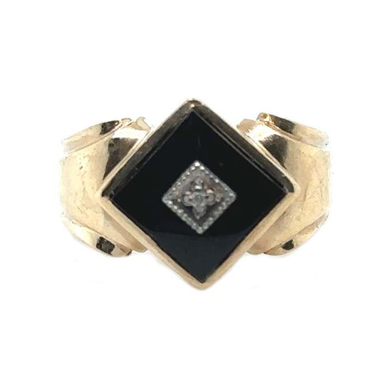Estate Black Onyx and Diamond Ring in 10K Yellow Gold