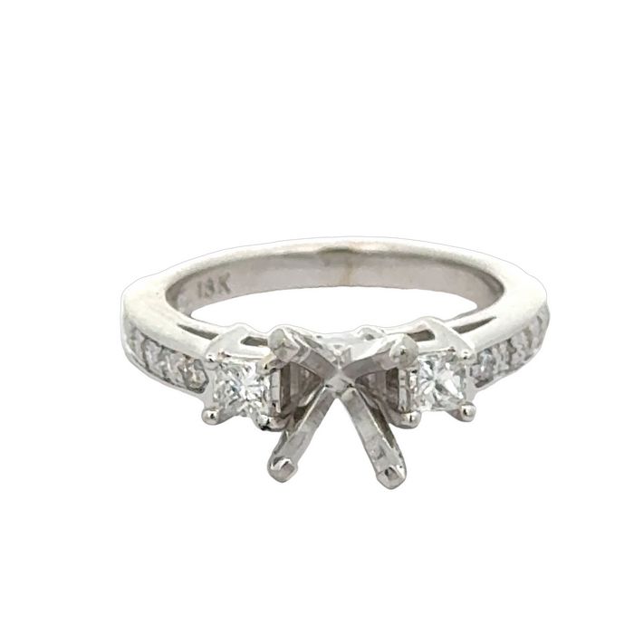 Estate Three-Stone Diamond Engagement Ring Semi-Mounting in 18K White Gold and Platinum