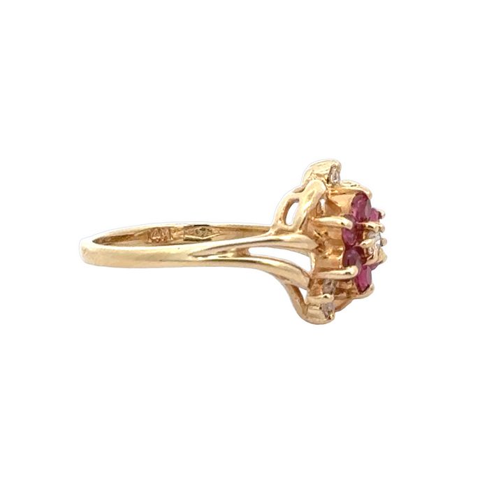 Estate Ruby and Diamond Cluster Ring in 14K Yellow Gold