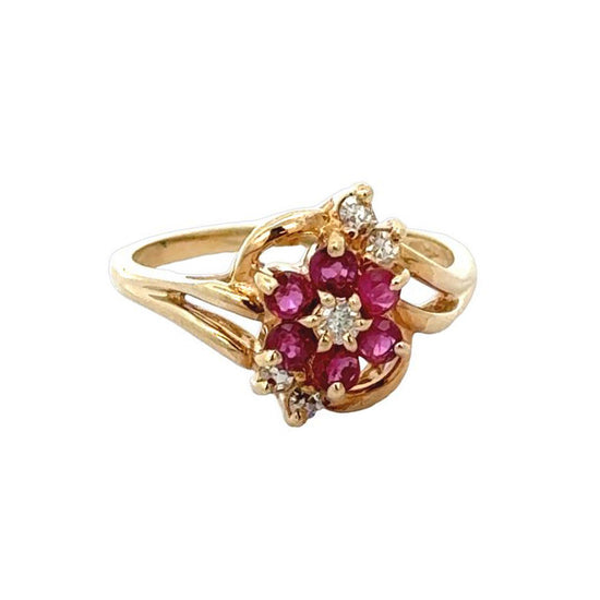 Estate Ruby and Diamond Cluster Ring in 14K Yellow Gold