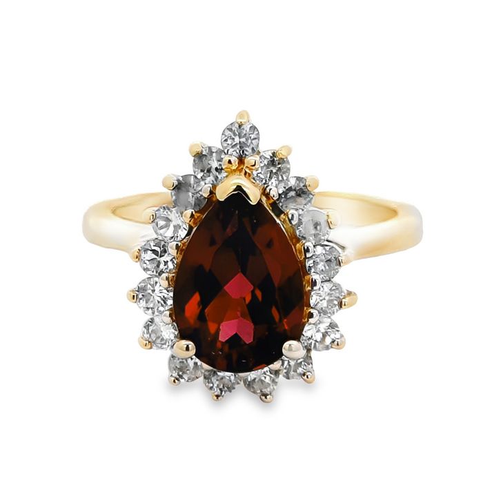 Estate Rhodolite Garnet and White Sapphire Ring in 14K Yellow Gold