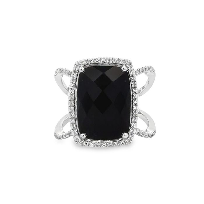 Mountz Collection Black Onyx Ring with Diamond Halo in 14K White Gold