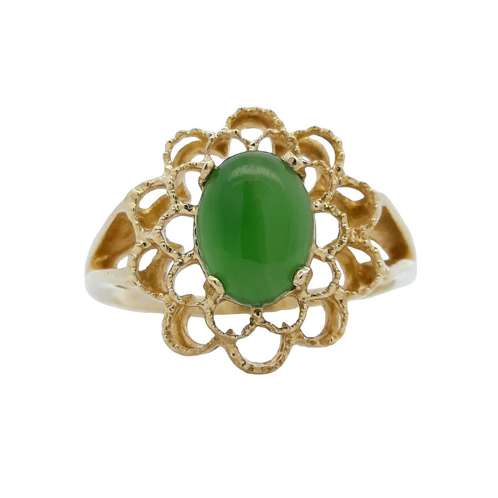 Estate Jade Open Floral Ring in 14K Yellow Gold