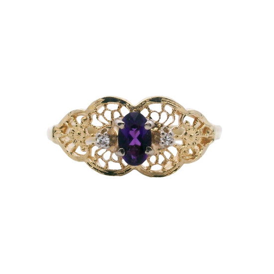 Estate "Shiman" Amethyst and Diamond Filigree Ring in 14K Yellow Gold