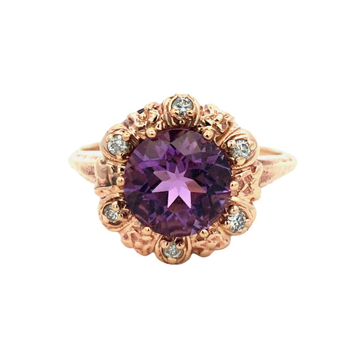 Estate Amethyst Round Bloom Halo Ring in 14K Yellow Gold