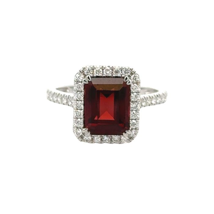 Mountz Collection Garnet Ring with Diamond Halo in 14K White Gold