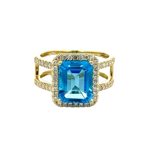 Mountz Collection Blue Topaz Double Shank Ring with Diamond Halo in 14K Yellow Gold