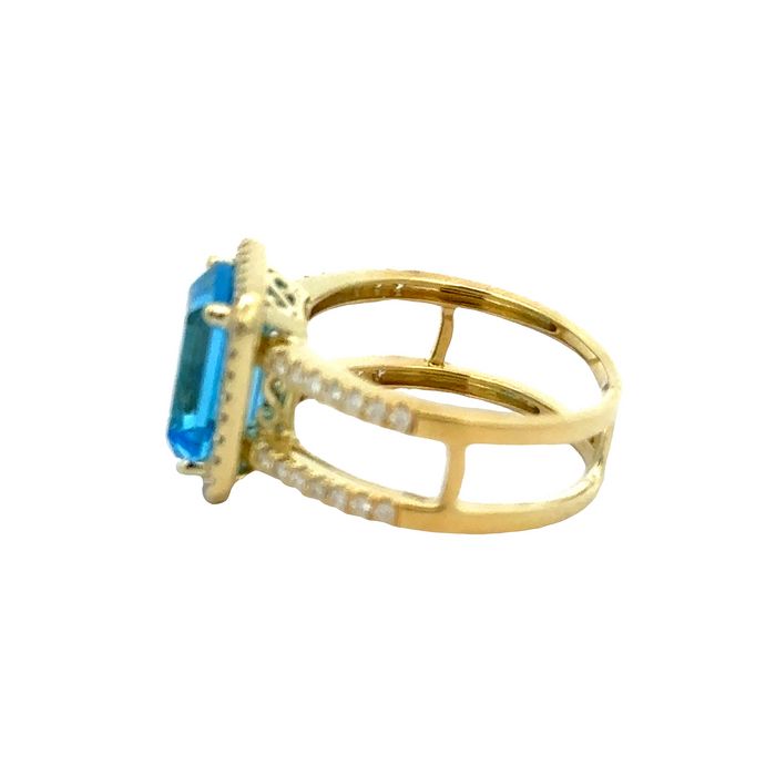 Mountz Collection Blue Topaz Double Shank Ring with Diamond Halo in 14K Yellow Gold