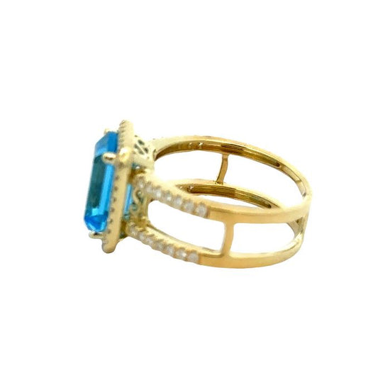 Mountz Collection Blue Topaz Double Shank Ring with Diamond Halo in 14K Yellow Gold