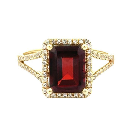 Mountz Collection Garnet Ring with Diamond Halo in 14K Yellow Gold