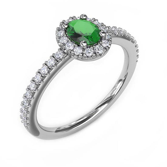 Fana Classic Halo Emerald and Diamond Ring in 14K White Gold