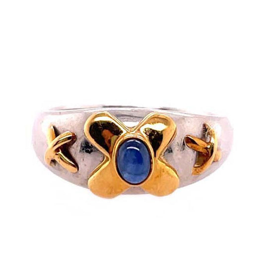 Estate Cabochon Sapphire Ring in Platinum and 18K Yellow Gold