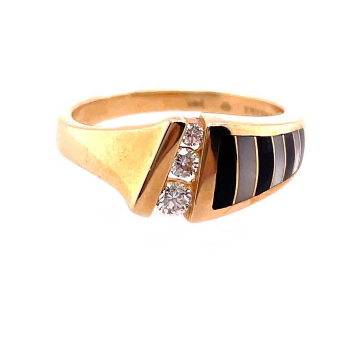 Estate Onyx and Mother of Pearl Ring with Diamonds by Kabana in 14K Yellow Gold