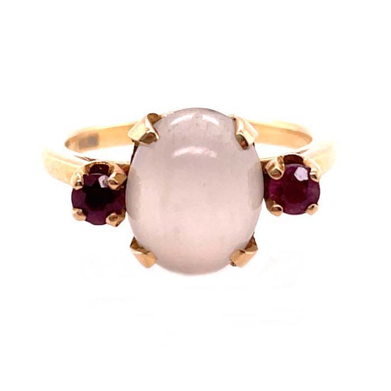 Estate Moonstone and Ruby Ring in 14K Yellow Gold