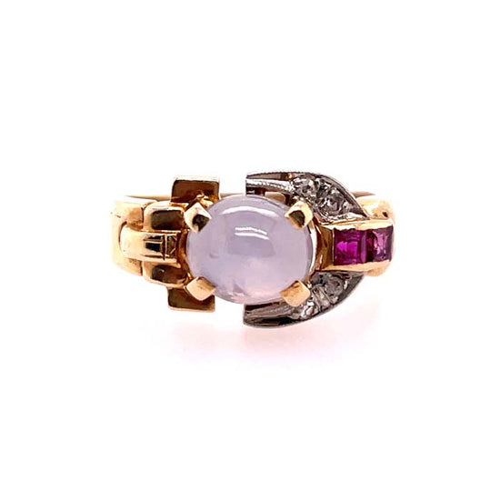 Estate White Star Sapphire, Ruby and Diamond RIng in 14K Yellow Gold