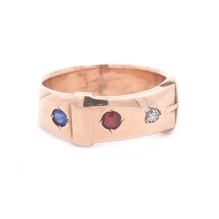 Estate Buckle Ring with Sapphire, Ruby and Diamond in 14K Yellow Gold