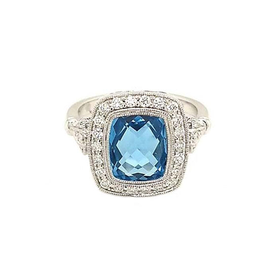 Mountz Collection Blue Topaz Ring with Diamond Halo in 14K White Gold