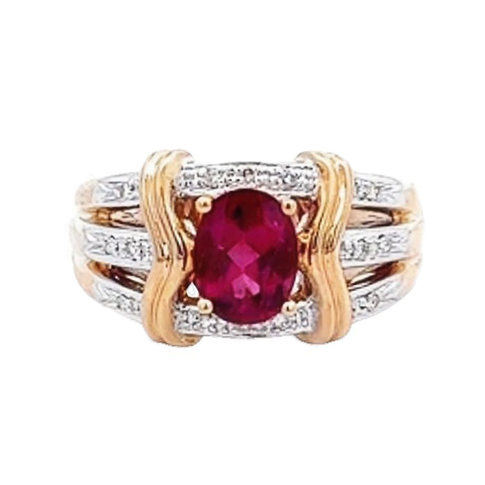 Estate Pink Tourmaline 3 Row Ring in 14K Yellow and White Gold