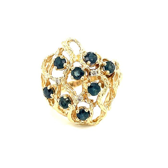 Estate Scattered Blue Sapphire and Diamond Abstract Ring in 14K Yellow Gold