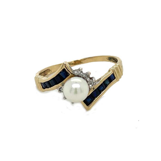 Estate Pearl, Sapphire and Diamond Bypass Ring in 14K Yellow Gold