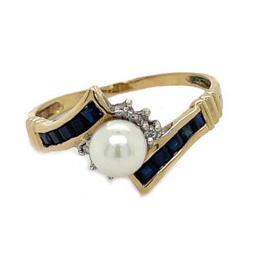 Estate Pearl, Sapphire and Diamond Bypass Ring in 14K Yellow Gold