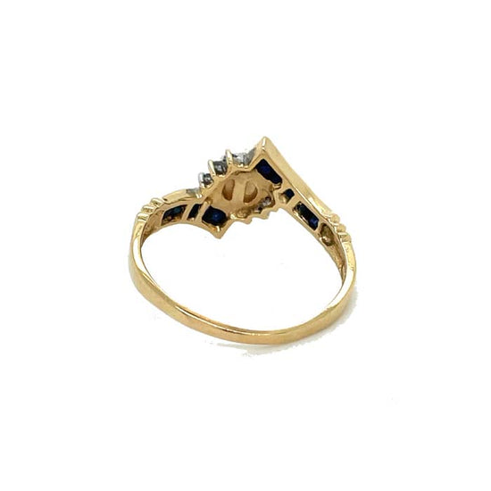 Estate Pearl, Sapphire and Diamond Bypass Ring in 14K Yellow Gold