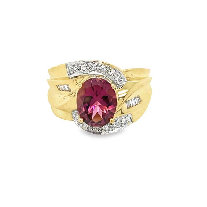 Estate Pink Tourmaline and Diamond Bypass Ring in 14K Yellow Gold