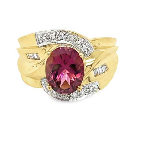 Estate Pink Tourmaline and Diamond Bypass Ring in 14K Yellow Gold