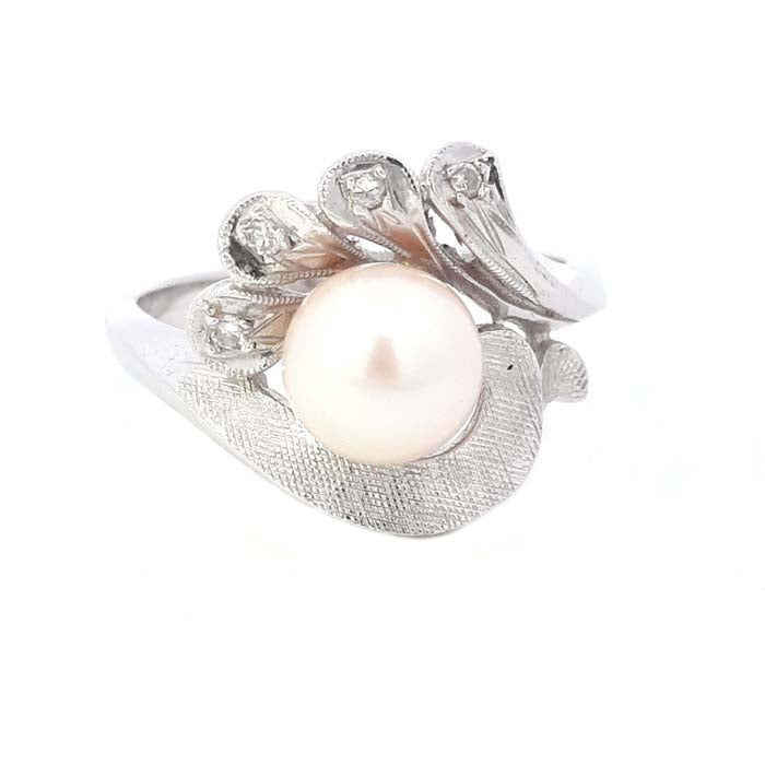 Estate Pearl and Diamond Ring in 14K White Gold