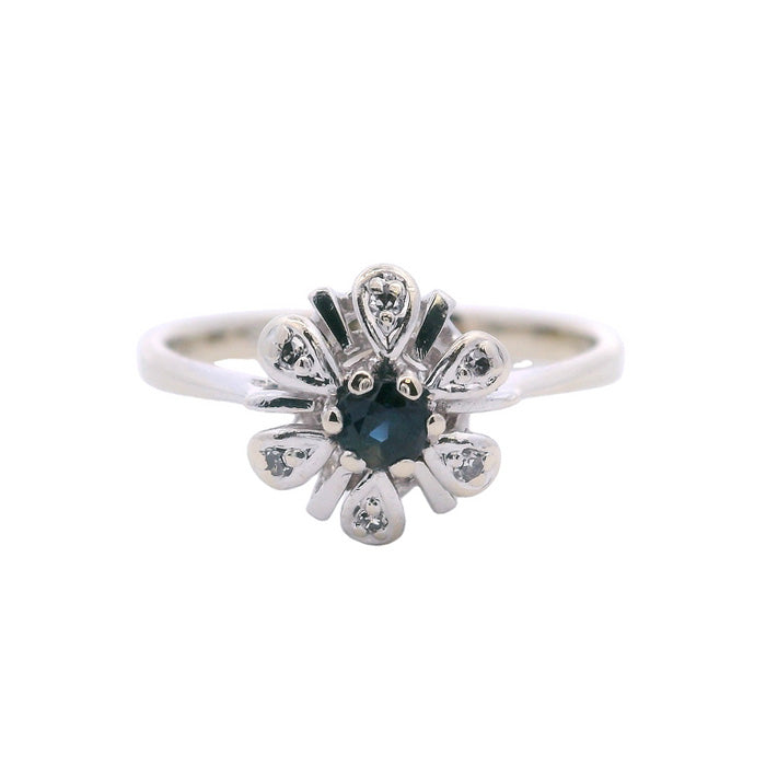 Estate Sapphire and Diamond Flower Ring in 14K White Gold