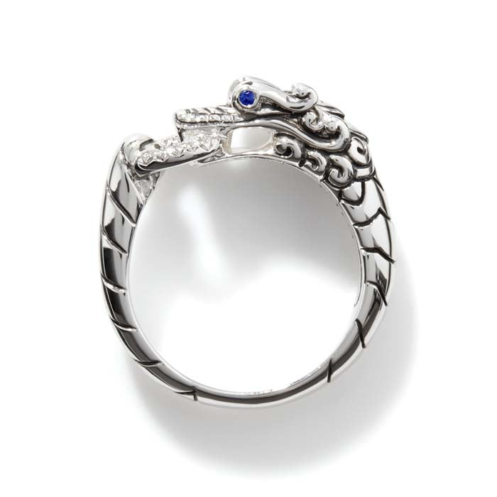 John Hardy .04D Legends Naga Diamond and Blue Sapphire Ring in Sterling Silver