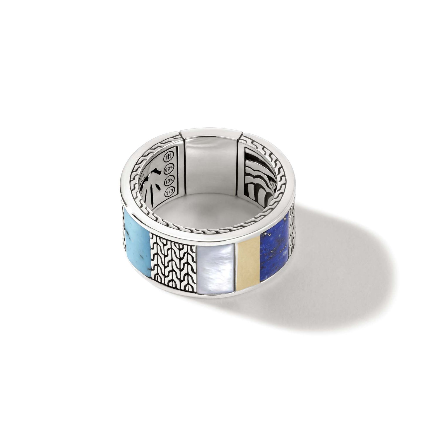 John Hardy Turquoise, Lapis and Mother of Pearl Carved Chain Inlay Band Ring in Sterling Silver and 18K Yellow Gold