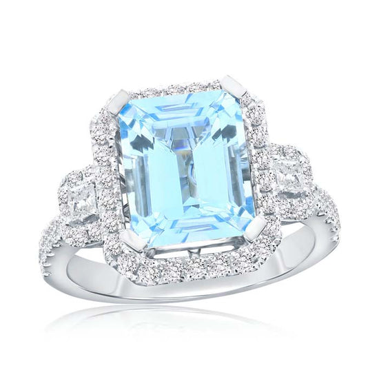 Mountz Collection Emerald Cut Aquamarine and Diamond Halo Ring in 18K White Gold