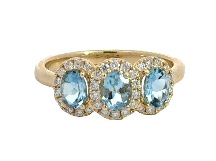 Mountz Collection Triple Oval Aquamarine and Diamond Halo Ring in 14K Yellow Gold