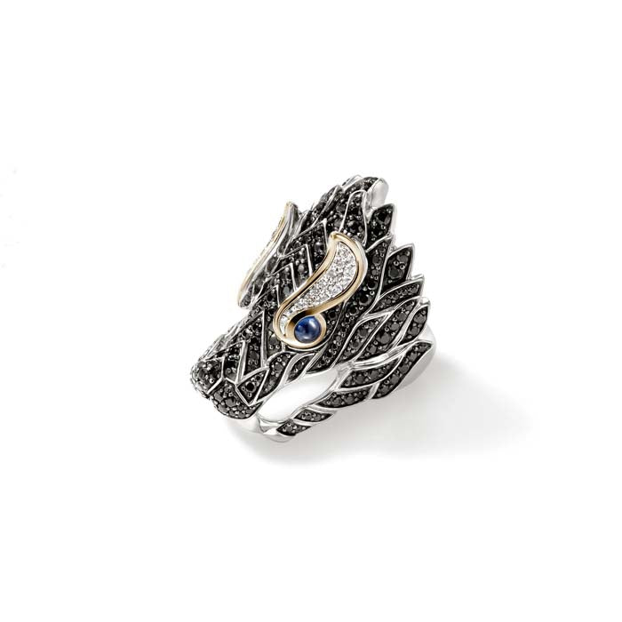 John Hardy Naga Saddle Ring with Diamonds, Black Sapphires and Black Spinel in Sterling Silver and 18K Yellow Gold