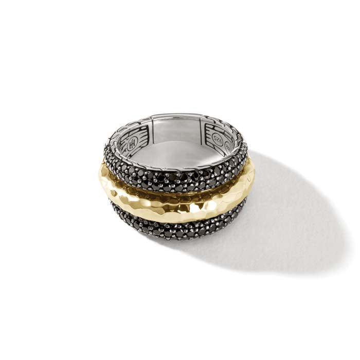 John Hardy Palu Dome Classic Chain Hammered Ring with Black Sapphires and Black Spinel in Sterling Silver and 18K Yellow Gold