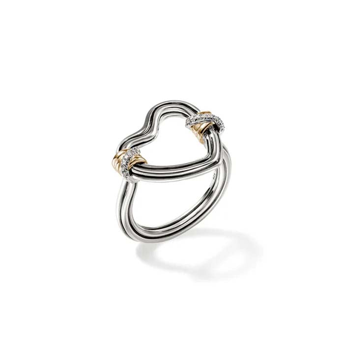 John Hardy Bamboo Heart Ring with Diamonds in Sterling Silver and 14K Yellow Gold, Size 7