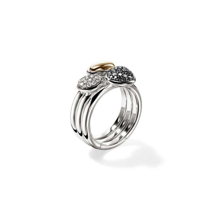 John Hardy Pebble Black Sand Diamond Pavé Stacking Rings (Set of 3) in Sterling Silver and 14K Yellow Gold