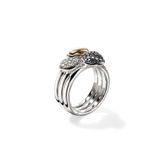 John Hardy Pebble Black Sand Diamond Pavé Stacking Rings (Set of 3) in Sterling Silver and 14K Yellow Gold