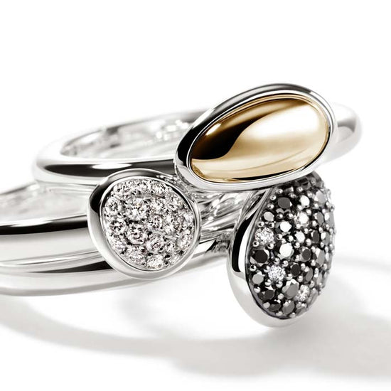 John Hardy Pebble Black Sand Diamond Pavé Stacking Rings (Set of 3) in Sterling Silver and 14K Yellow Gold