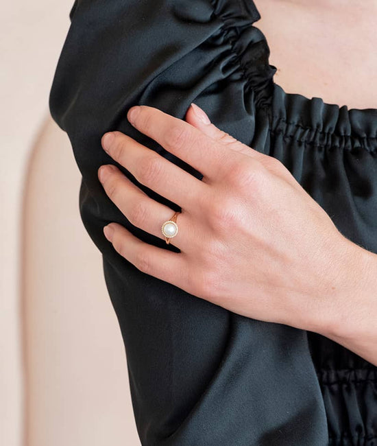 Close up photo of model wearing fashion ring on hand