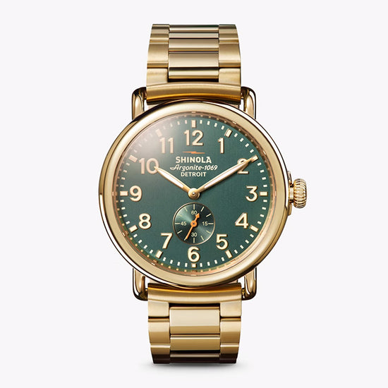 Shinola 41mm "The Runwell"  Quartz Watch with Deep Teal Dial in Polished PVD Gold Plated Stainless Steel