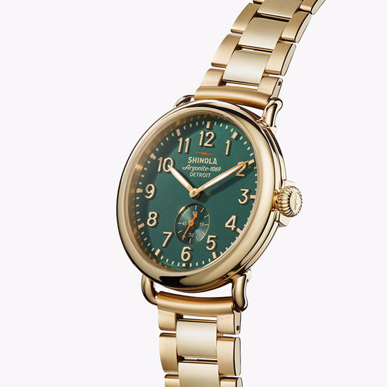 Shinola 41mm "The Runwell"  Quartz Watch with Deep Teal Dial in Polished PVD Gold Plated Stainless Steel