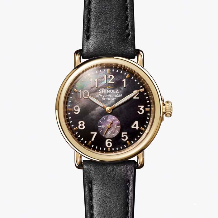 Shinola 41mm "The Runwell" Quartz Watch with Black Mother-of-Pearl Dial in Polished Gold PVD