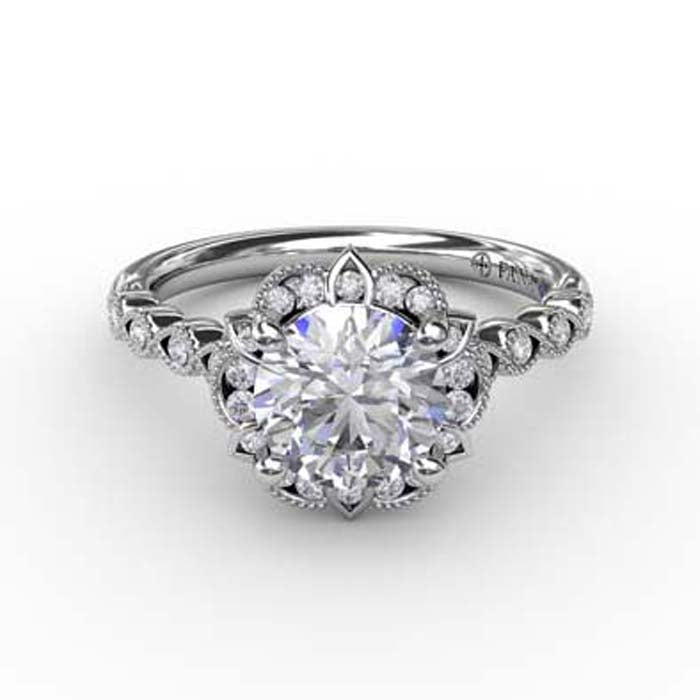 Fana Milgrain Detail Floral Halo Engagement Ring Semi-Mounting in 14K White Gold