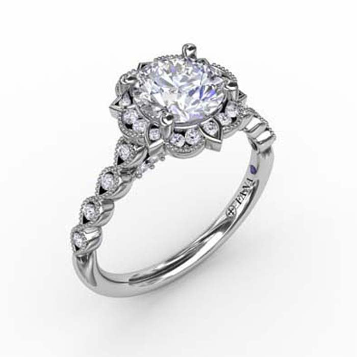 Fana Milgrain Detail Floral Halo Engagement Ring Semi-Mounting in 14K White Gold