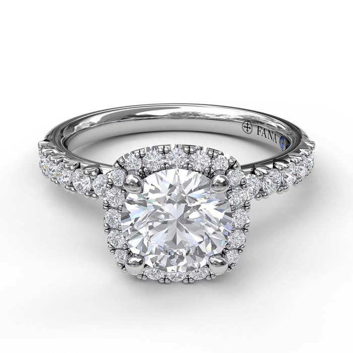 Fana Cushion Halo Engagement Ring Semi-Mounting in 14K White Gold