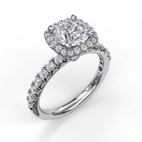 Fana Cushion Halo Engagement Ring Semi-Mounting in 14K White Gold